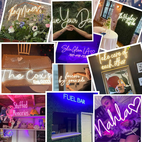Collage of Dope Custom Neon Sign LED Light for home bar wedding party and business use personalize your name text or logo with dimmable brightness backboard easy install unique gift for birthday anniversary or corporate events.