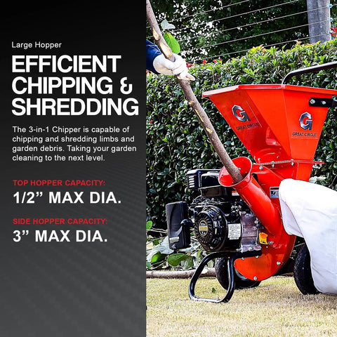 Heavy Duty Gas Powered 3 In 1 Wood Chipper Shredder Mulcher For Yard Cleanup, 3 Inch Max Wood Diameter, EPA CARB Certified shown shredding branch
