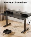 Top Shelf Electric Standing Desk 55x26 Inch showing dimensions with dual monitor shelf and drawer storage.