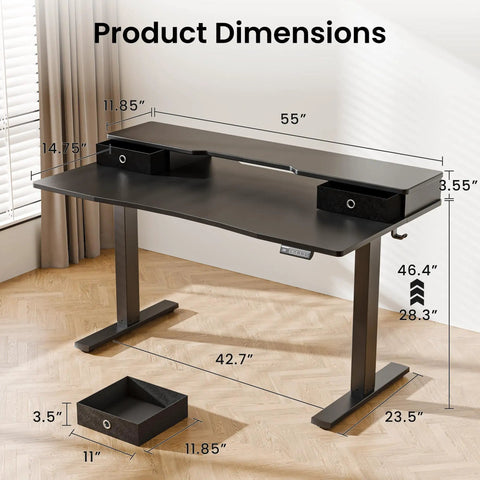 Top Shelf Electric Standing Desk 55x26 Inch showing dimensions with dual monitor shelf and drawer storage.