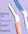 Close-up of Dermaplane Starter Kit With Reusable Handle And Three Refill Blades For Peach Fuzz Removal And Brows Shaping, Silky Smooth Skin