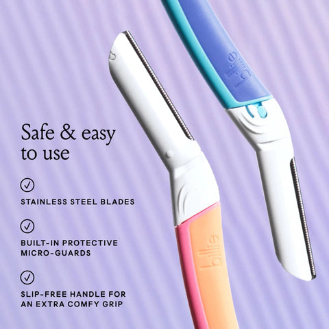 Close-up of Dermaplane Starter Kit With Reusable Handle And Three Refill Blades For Peach Fuzz Removal And Brows Shaping, Silky Smooth Skin