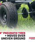 Tow-Behind Broadcast Spreader For Seed And Fertilizer, 150 Lb Capacity, 14-inch pneumatic tires, grass setting.