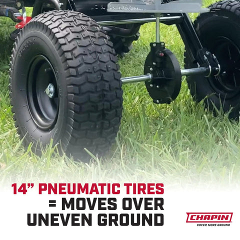 Tow-Behind Broadcast Spreader For Seed And Fertilizer, 150 Lb Capacity, 14-inch pneumatic tires, grass setting.