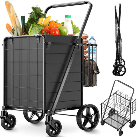 Heavy Duty Folding Grocery Cart That Hauls 360 Lbs Capacity With Waterproof Liner And 360 Degree Swivel Wheels shown in use