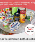 Rectangular Refrigerator Lazy Susan with 360 Degree Turntable holding condiments in fridge, highlighting smooth rotation for pantry storage.