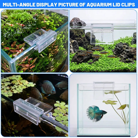 Multi-angle view of Lock Down 8 Pack Clear Acrylic Aquarium Lid Clips Rock Steady Fish Tank Cover Holders on rimless tanks.