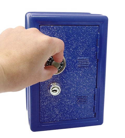 Opening Metal Kids Safe Bank With Key And Combination Lock In Blue, showing durable mini lockbox with easy combo lock and key backup.