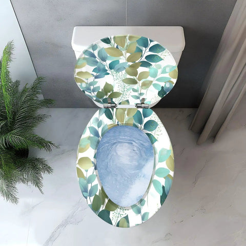 Elongated Resin Toilet Seat for Bathroom Replacement with leafy design, top view, fitting standard elongated toilets.