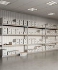 Rock Solid Boltless Shelving Rack 24X36X84 Four Shelf Gray Storage Unit With Eight Hundred Pound Weight Capacity Per Deck Powder Coated Steel Add On Design Built Tough For Garage Basement Warehouse Max Capacity Quick Setup with stacked boxes.