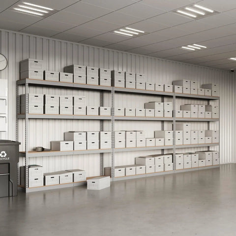 Rock Solid Boltless Shelving Rack 24X36X84 Four Shelf Gray Storage Unit With Eight Hundred Pound Weight Capacity Per Deck Powder Coated Steel Add On Design Built Tough For Garage Basement Warehouse Max Capacity Quick Setup with stacked boxes.