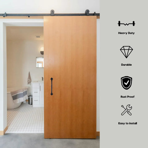Interior view of sliding wooden door with a Two Pack Gate Handles For Wooden Gates With Screws Rustic Black Steel Door Pulls