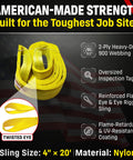 Industrial Grade 4 Inch By 20 Foot Nylon Lifting Web Sling Made In USA With Four Ply 900 Webbing, Type 3 Flat Eye To Eye Sling