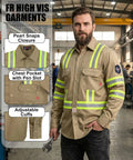 Hi Vis Flame Resistant Work Shirt For Men 7.5oz Khaki Cotton Twill FR With Reflective Tape ANSI ISEA 107, worn by a man in a workshop.