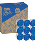 Twist N Loc Leak Resistant Food Storage Containers Set Of Nine Small Round with blue lids shown stacked beside box