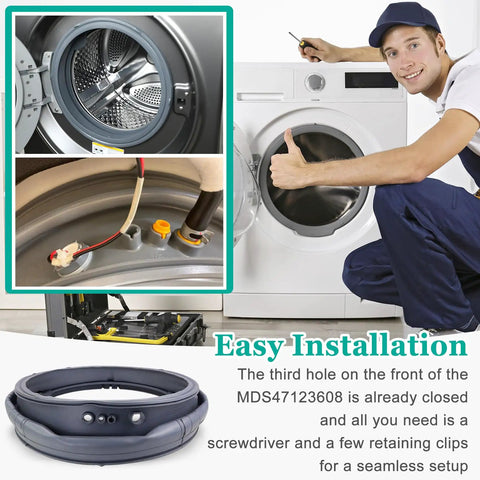 Washer Door Boot Seal Replacement For LG And Kenmore Fits WM8100HVA WM8000HVA WM4070HVA WM4270HVA And More Top Notch Gasket With Same Quality As AP5668418 PS6448330 3 Year Warranty. Gray rubber front-load washer door boot seal shown with installation view.