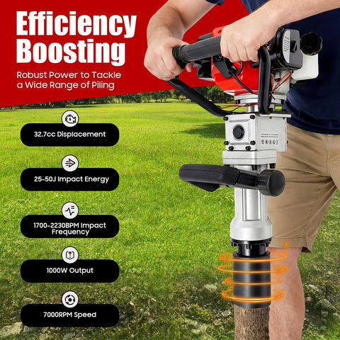 Person using 32.7cc Gas Powered T Post Driver With Conversion Head And Chisel for fence posts on grass field, handheld.