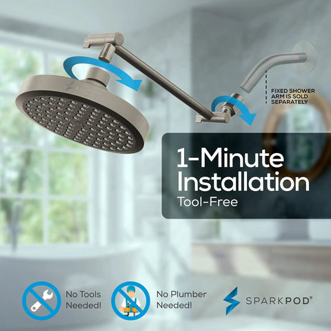Round Rain Shower Head With Extension Arm Height Adjustable High Pressure Performance Easy 1 Minute Installation