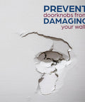 Wall with hole from door knob impact, text 'Prevent doorknobs from damaging your walls', emphasizes need for 5 Inch White Wall Saver Shield For Doors, Rigid Vinyl With Smooth Surface, Wall Guard To Stop Door Knob Dings And Cover Small Holes, Ideal Interior Protection For High Traffic Halls And Rooms