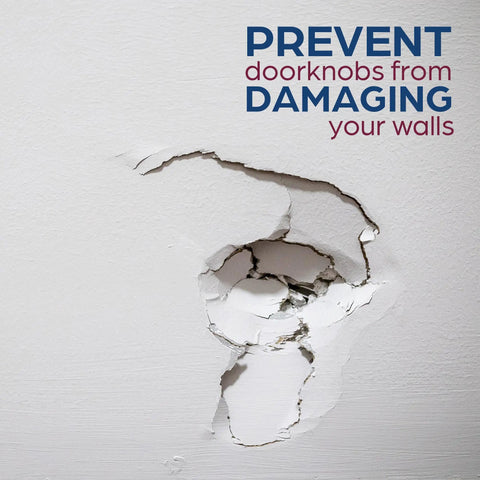 Wall with hole from door knob impact, text 'Prevent doorknobs from damaging your walls', emphasizes need for 5 Inch White Wall Saver Shield For Doors, Rigid Vinyl With Smooth Surface, Wall Guard To Stop Door Knob Dings And Cover Small Holes, Ideal Interior Protection For High Traffic Halls And Rooms