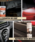 Collage of automotive DIY repair products for fixing scratches, chips, and interior refinishing; includes Rust Barrier and plastic spray.