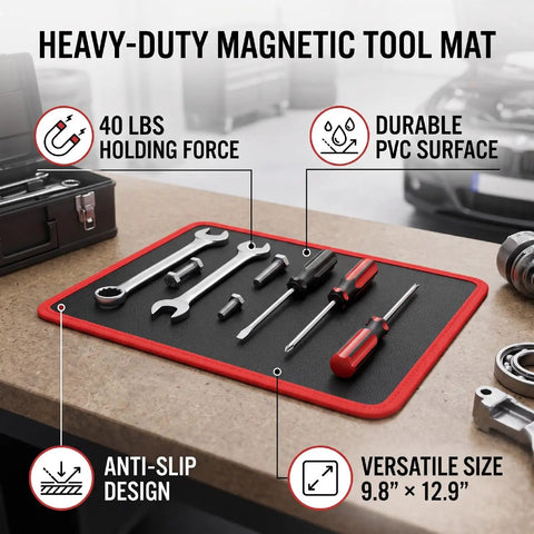 Heavy Duty Magnetic Tool Mat With PVC Coating Flexible 9.84 By 12.99 Inches Stays Put For Screwdrivers Wrenches Bolts And Small Parts In The Garage Or Shop Holds Tools Firmly Even On Tilted Surfaces. on workbench, 40 lb holding force