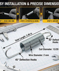 Hassle Free Two Pack 3-5/8 Inch Recliner Tension Spring Replacement shown with measurement tools, detailing installation steps and specifications.