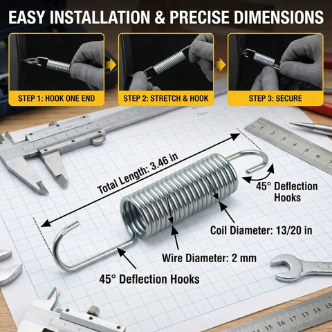 Hassle Free Two Pack 3-5/8 Inch Recliner Tension Spring Replacement shown with measurement tools, detailing installation steps and specifications.
