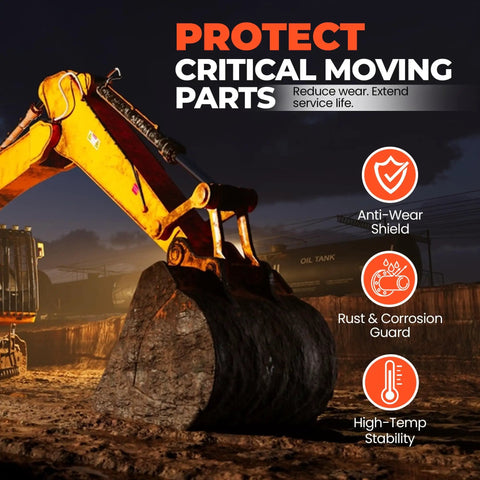 Excavator arm demonstrating anti-wear, rust protection with AW32 Hydraulic Fluid 5 Gallon Pail For Industrial And Mobile Gear.