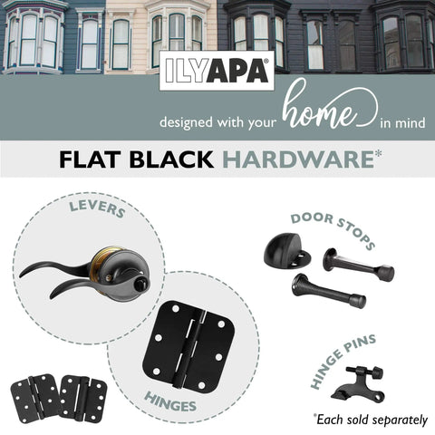 Flat black door hardware set including privacy door levers with wave style handles, hinges, hinge pins, and door stops.