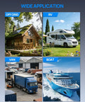 Image of off-grid cabin, RV, van, and boat to show applications for 12V 20A LiFePO4 Battery Charger With Anderson Connector.