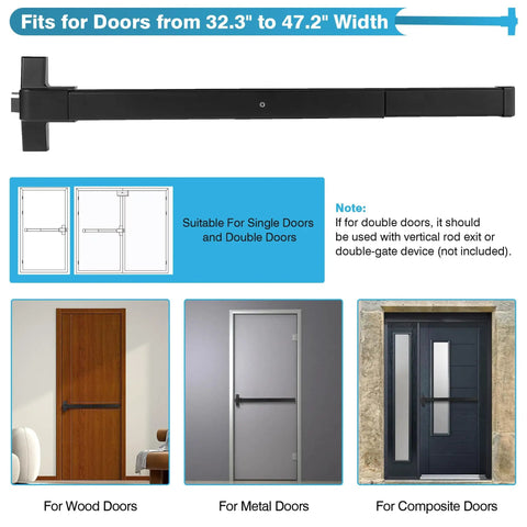 Stainless Steel Door Push Bar Panic Exit Device With Handle Lever Black 32 Inch Heavy Duty for Doors 32 to 47 Inch