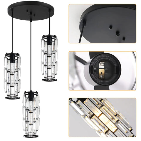 Three Light Crystal Pendant Lights Black For Kitchen Island Hanging Light Fixtures Modern Black Pendant Lighting Adjustable