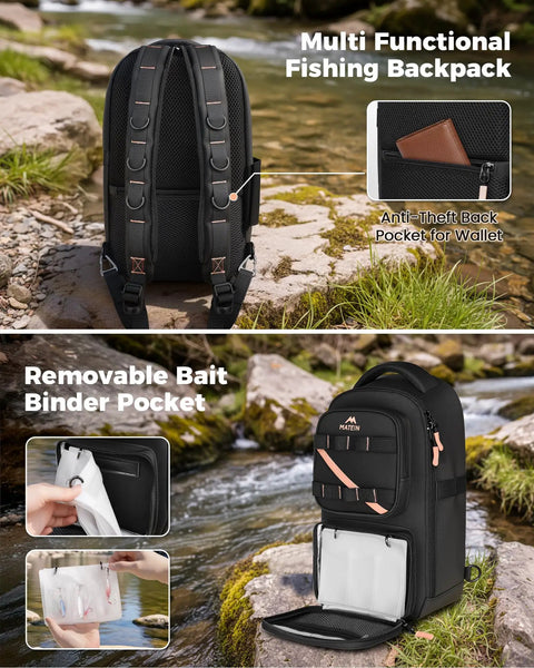 Women's Fishing Sling Bag With Lure Rod Holder And Phone Pouch Waterproof 3600 Tackle Backpack showing back view with anti-theft pocket.
