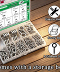 Dang Solid 195 Piece Nickel Plated Eye Screw Assortment Kit Featuring Self Tapping Hooks and Heavy Duty Eyelets in multiple sizes organized in a sturdy storage box.