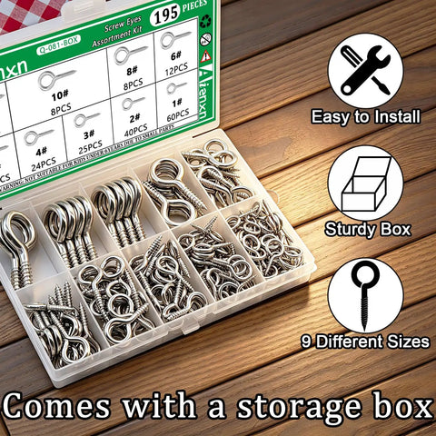 Dang Solid 195 Piece Nickel Plated Eye Screw Assortment Kit Featuring Self Tapping Hooks and Heavy Duty Eyelets in multiple sizes organized in a sturdy storage box.