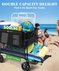 Double Decker Beach Wagon With Big Wheels For Sand Heavy Duty Collapsible Cart Tailgate Access 500 Lbs Capacity Foldable Utility Cart For Beach Camping And Outdoor Fun loaded with beach gear on sand with people in background
