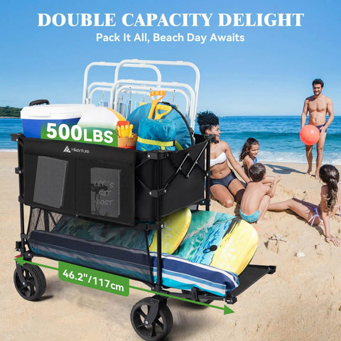 Double Decker Beach Wagon With Big Wheels For Sand Heavy Duty Collapsible Cart Tailgate Access 500 Lbs Capacity Foldable Utility Cart For Beach Camping And Outdoor Fun loaded with beach gear on sand with people in background
