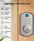 Legit Heavy Duty Fingerprint Door Lock For Front Door Storing 100 Fingerprints 50 Pin Codes And Two Spare Keys Smart Keyless Entry Deadbolt with keypad on wooden door.