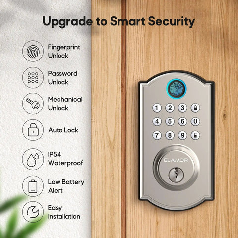Legit Heavy Duty Fingerprint Door Lock For Front Door Storing 100 Fingerprints 50 Pin Codes And Two Spare Keys Smart Keyless Entry Deadbolt with keypad on wooden door.