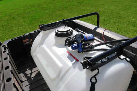 40 Gallon UTV Broadcast Sprayer with 2.2 GPM Diaphragm Pump and 10 Foot Swath Regulated Flow System on grass