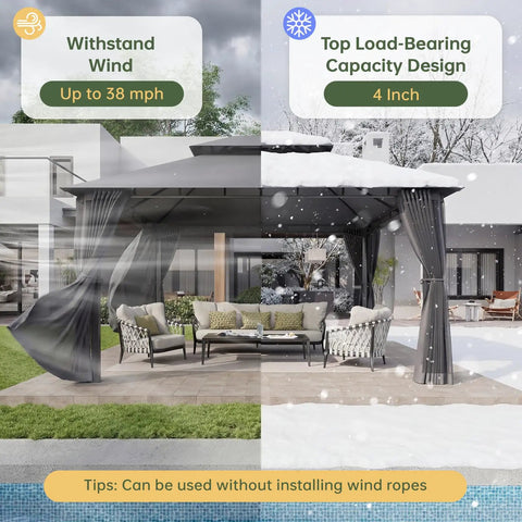 12 By 10 Foot Gazebo With Double Roof And Mosquito Netting for Outdoor Parties, showing wind resistance and load-bearing design.