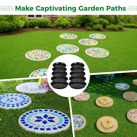 Set of 10 Round Stepping Stone Molds for DIY garden paths, showing various decorative patterns in a lawn, with focus keyword included.