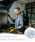Person working next to machine, inset showing 50-Piece M5 Sliding T Track Nut Set With Hex Rivet Nuts For Hand-Tightened Machines.