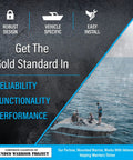 Graphic promoting reliability, functionality, performance with a boat on water scene
