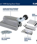 1098 Spring Door Closer With Flush Hook In Alloy Steel Construction shown with screws and installation parts