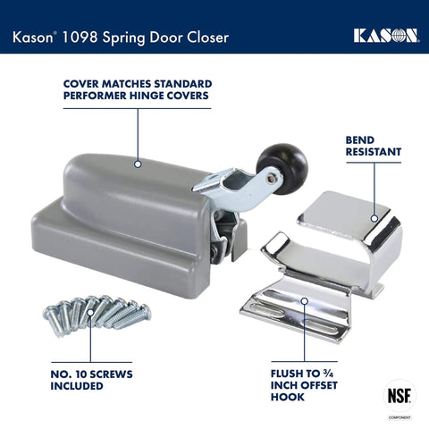 1098 Spring Door Closer With Flush Hook In Alloy Steel Construction shown with screws and installation parts