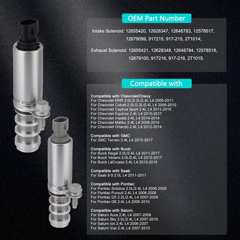 VVT Intake And Exhaust Camshaft Position Actuator Solenoid Valve Pair For Chevy HHR Cobalt Equinox Malibu GMC Terrain Buick Regal Verano Pontiac G5 G6 Saturn 2.0L 2.2L 2.4L Replacement Parts showing OE-style compatibility
