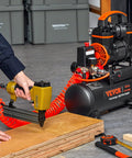 Compact 2.1 Gallon Oil Free Air Compressor With 1.2HP Motor, 2.2 CFM At 90 PSI, Max 116 PSI, used with nail gun on wood