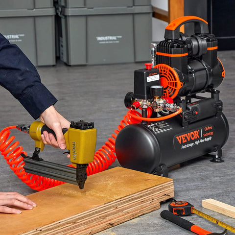 Compact 2.1 Gallon Oil Free Air Compressor With 1.2HP Motor, 2.2 CFM At 90 PSI, Max 116 PSI, used with nail gun on wood